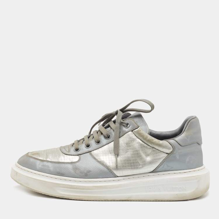 Pre Owned Louis Vuitton Silver Monogram Nylon and Canvas Low Top Sneakers Size 41