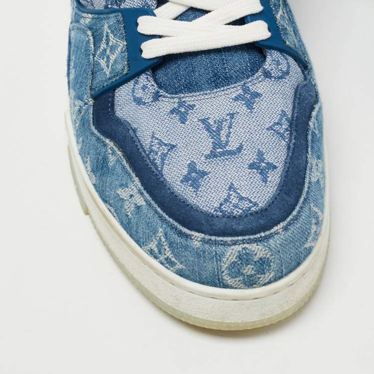 Pre Owned Louis Vuitton Blue Suede and Monogram Denim LV Trainer Sneakers Size 44.5 