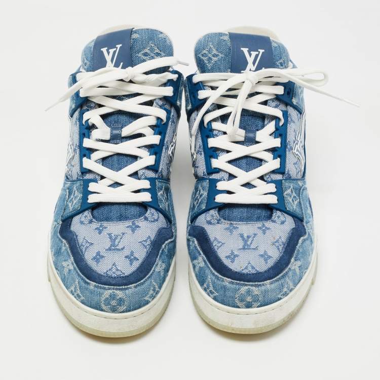 Pre Owned Louis Vuitton Blue Suede and Monogram Denim LV Trainer Sneakers Size 44.5 