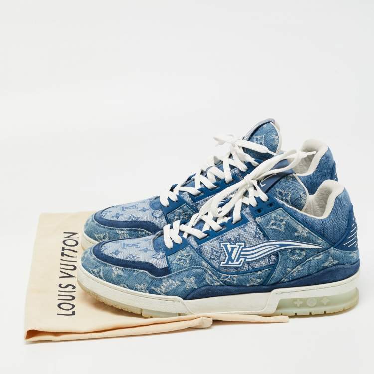 Pre Owned Louis Vuitton Blue Suede and Monogram Denim LV Trainer Sneakers Size 44.5 