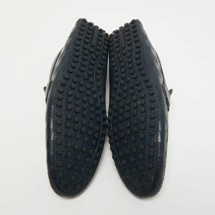 Pre Owned Louis Vuitton Navy Blue Leather Damier Infini Hockenheim Slip On Loafers Size 43