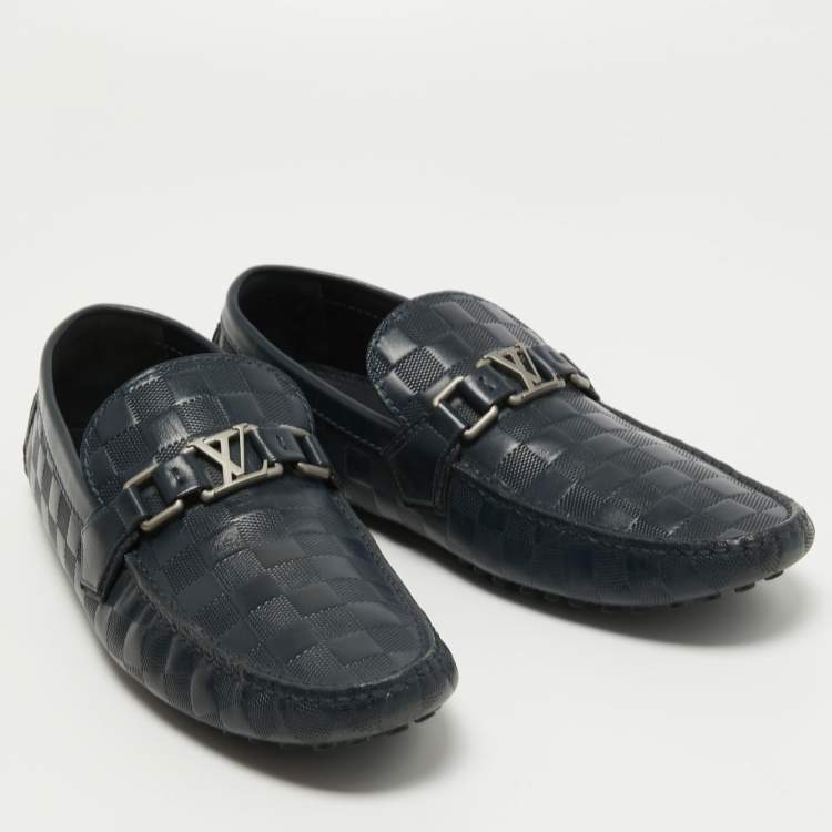 Pre Owned Louis Vuitton Navy Blue Leather Damier Infini Hockenheim Slip On Loafers Size 43