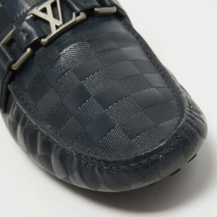 Pre Owned Louis Vuitton Navy Blue Leather Damier Infini Hockenheim Slip On Loafers Size 43