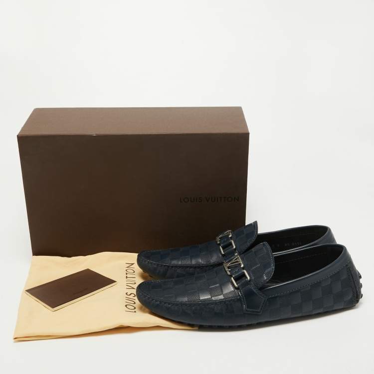Pre Owned Louis Vuitton Navy Blue Leather Damier Infini Hockenheim Slip On Loafers Size 43