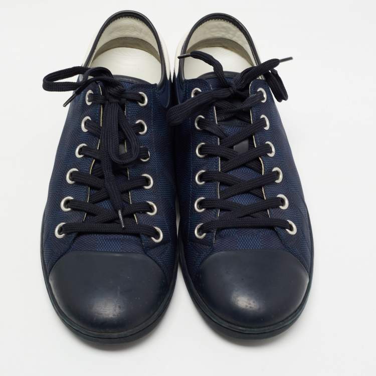 Pre Owned Louis Vuitton Blue Graphite Damier Nylon and Leather Cap Toe Low Top Sneakers Size 42