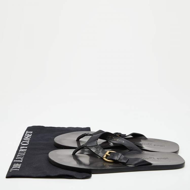 Pre Owned Louis Vuitton Black Damier Leather Flat Thong Sandals Size 43
