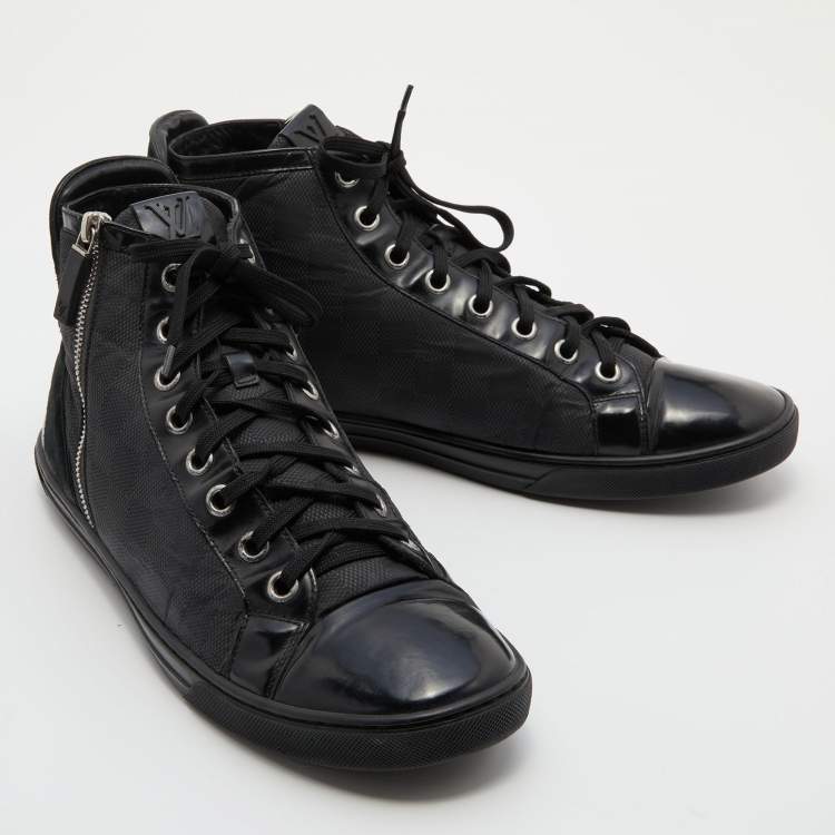 Pre Owned Louis Vuitton Black/Grey Damier Graphite Fabric and Leather Lace Up High Top Sneakers Size 44