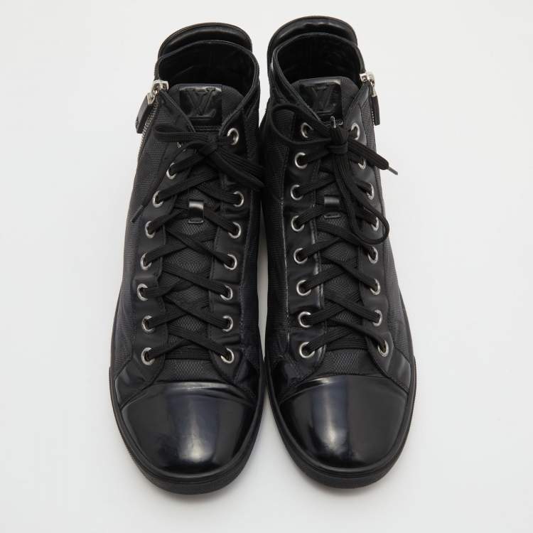 Pre Owned Louis Vuitton Black/Grey Damier Graphite Fabric and Leather Lace Up High Top Sneakers Size 44
