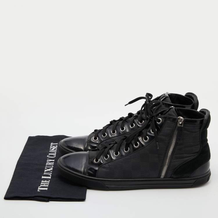 Pre Owned Louis Vuitton Black/Grey Damier Graphite Fabric and Leather Lace Up High Top Sneakers Size 44