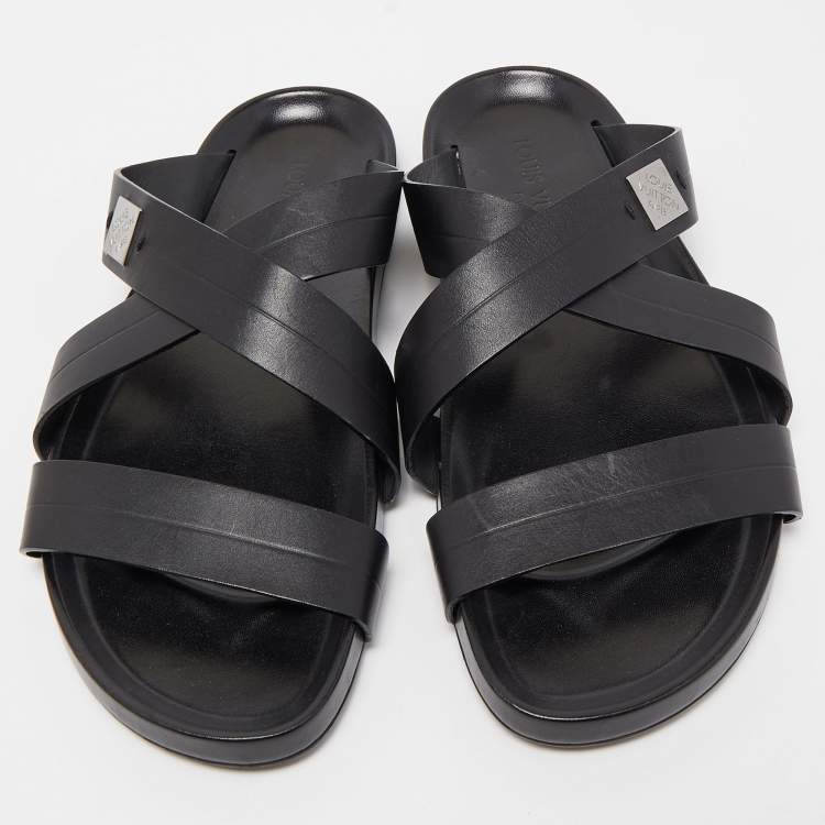 Pre Owned Louis Vuitton Black Leather Criss Cross Strap Flat Slide Sandals Size 42