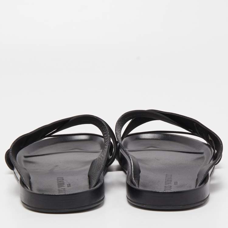 Pre Owned Louis Vuitton Black Leather Criss Cross Strap Flat Slide Sandals Size 42