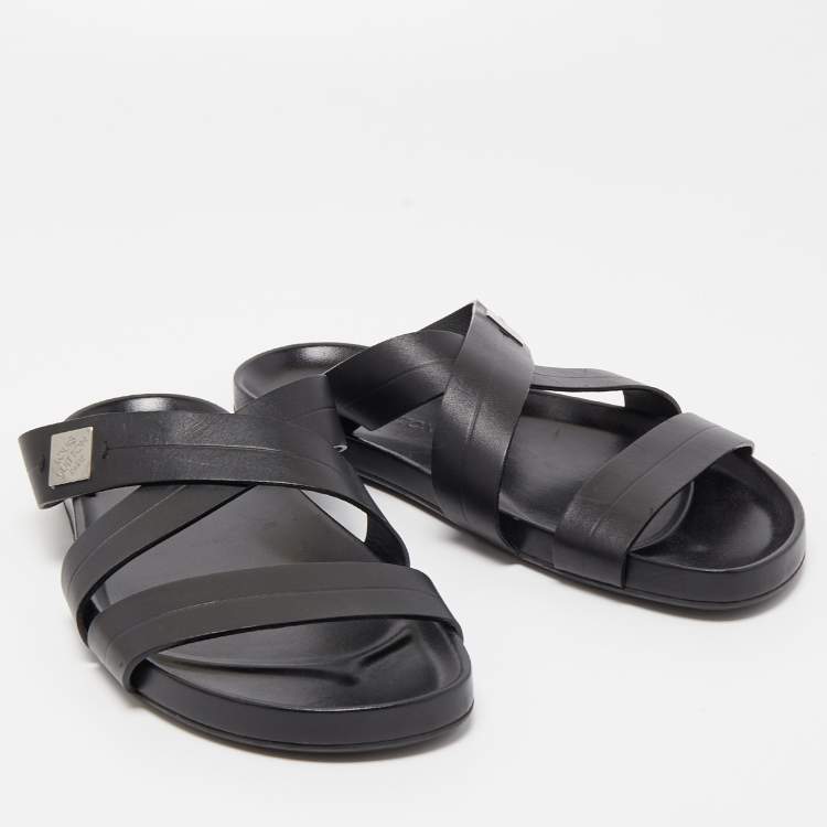 Pre Owned Louis Vuitton Black Leather Criss Cross Strap Flat Slide Sandals Size 42