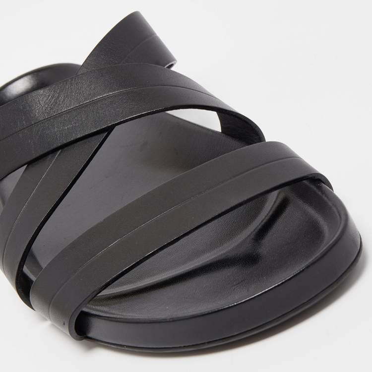 Pre Owned Louis Vuitton Black Leather Criss Cross Strap Flat Slide Sandals Size 42