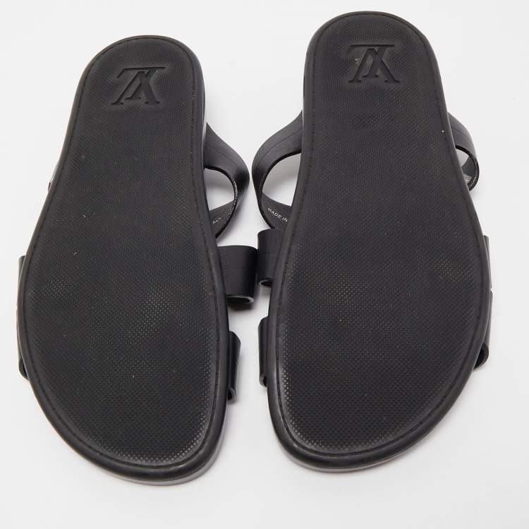 Pre Owned Louis Vuitton Black Leather Criss Cross Strap Flat Slide Sandals Size 42
