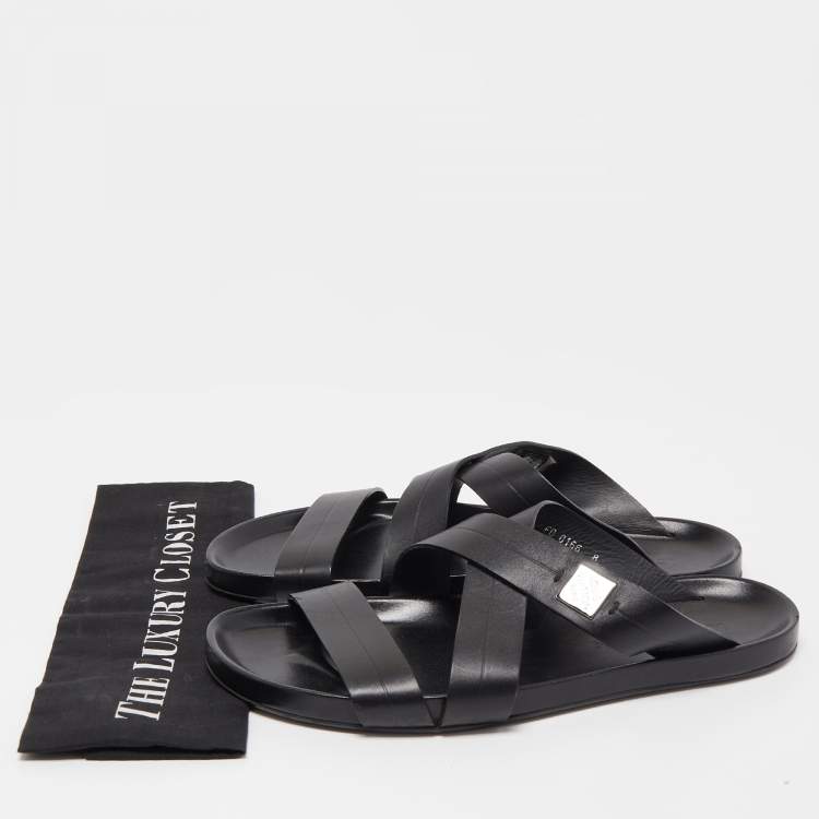 Pre Owned Louis Vuitton Black Leather Criss Cross Strap Flat Slide Sandals Size 42