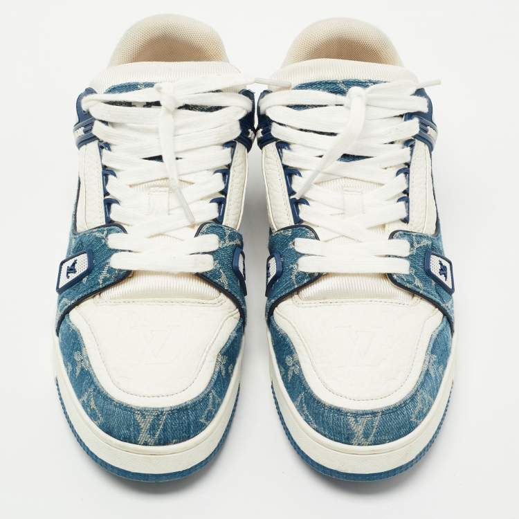 مملوكة مسبقًا Louis Vuitton White/Blue Leather and Monogram Denim LV Trainer Sneakers Size 42