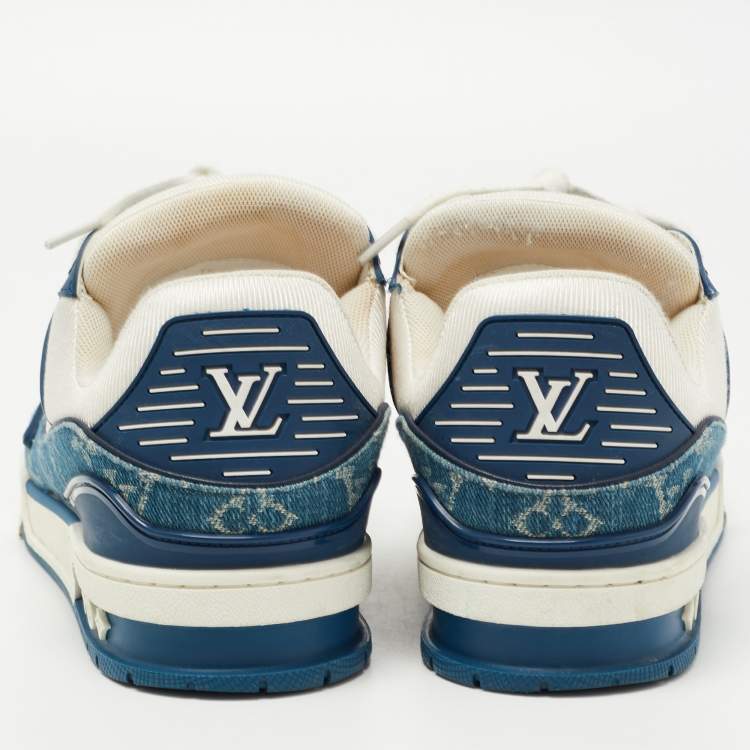 مملوكة مسبقًا Louis Vuitton White/Blue Leather and Monogram Denim LV Trainer Sneakers Size 42