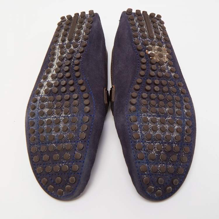 Pre Owned Louis Vuitton Navy Blue/Brown Suede and Leather Hockenheim Slip On Loafers Size 40.5