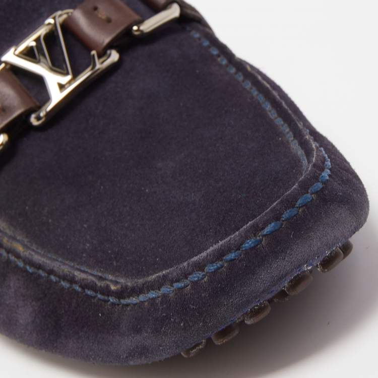 Pre Owned Louis Vuitton Navy Blue/Brown Suede and Leather Hockenheim Slip On Loafers Size 40.5
