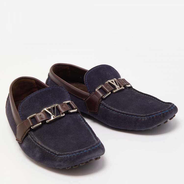 Pre Owned Louis Vuitton Navy Blue/Brown Suede and Leather Hockenheim Slip On Loafers Size 40.5