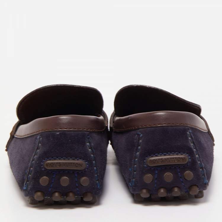 Pre Owned Louis Vuitton Navy Blue/Brown Suede and Leather Hockenheim Slip On Loafers Size 40.5