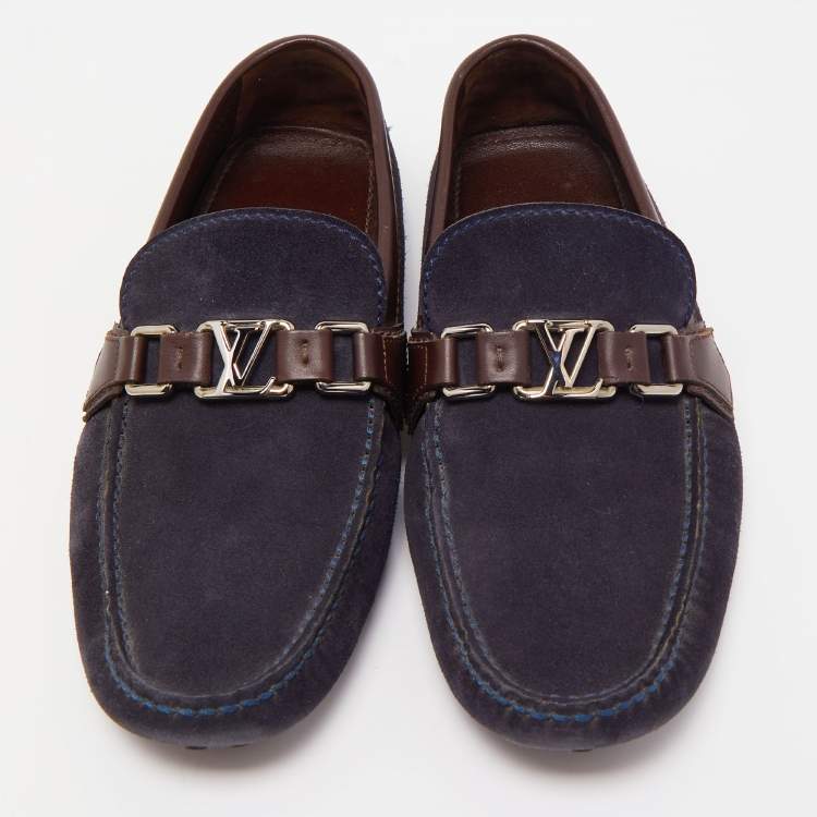 Pre Owned Louis Vuitton Navy Blue/Brown Suede and Leather Hockenheim Slip On Loafers Size 40.5
