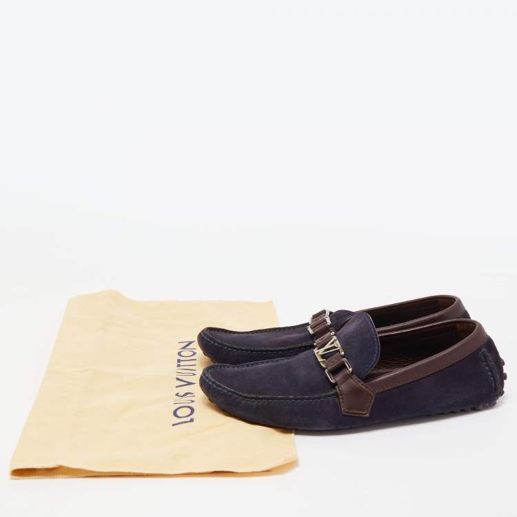 Pre Owned Louis Vuitton Navy Blue/Brown Suede and Leather Hockenheim Slip On Loafers Size 40.5
