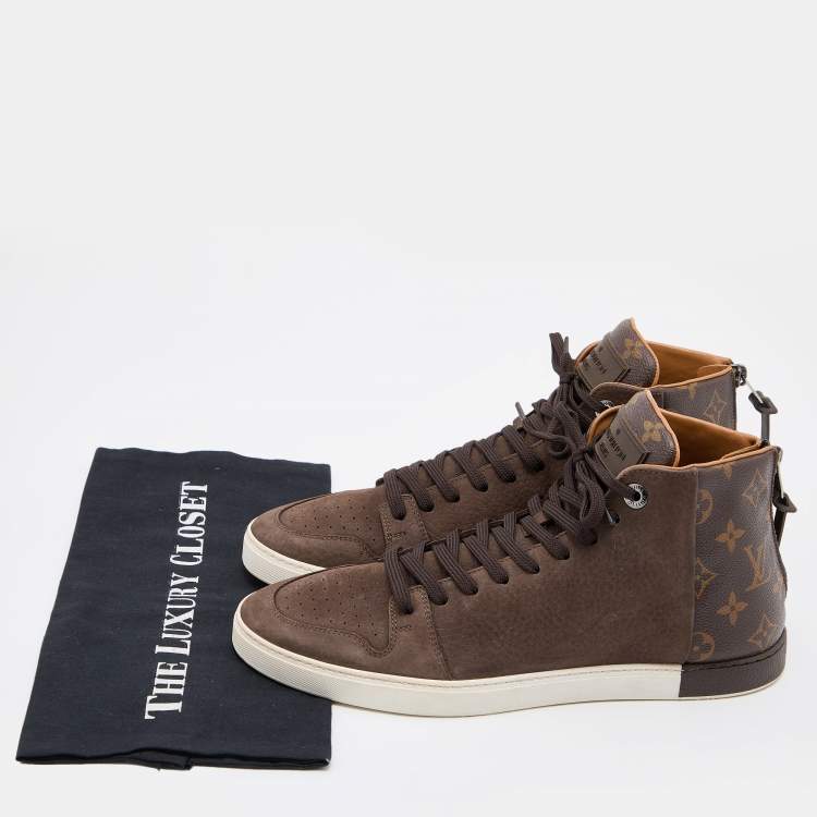 Pre Owned Louis Vuitton Brown Nubuck Leather and Monogram Coated Canvas High Top Sneakers Size 42