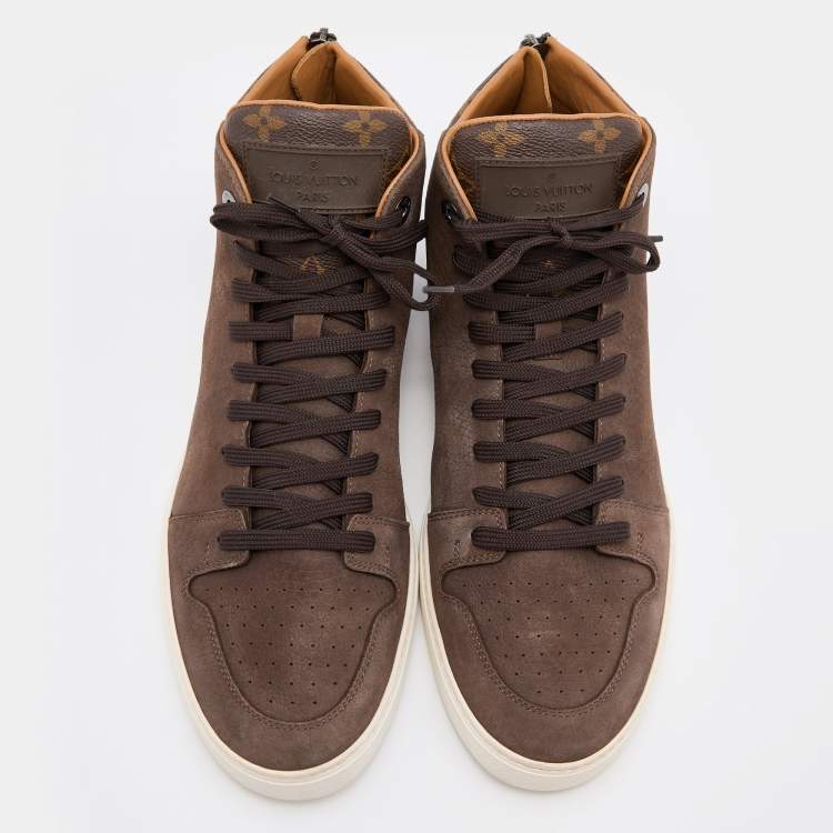 Pre Owned Louis Vuitton Brown Nubuck Leather and Monogram Coated Canvas High Top Sneakers Size 42