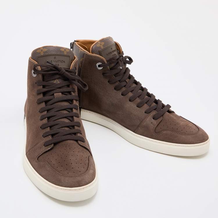 Pre Owned Louis Vuitton Brown Nubuck Leather and Monogram Coated Canvas High Top Sneakers Size 42