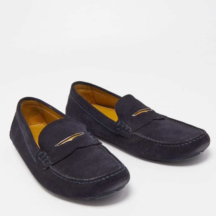 Pre Owned Louis Vuitton Navy Blue Suede Slip On Loafers Size 44.5