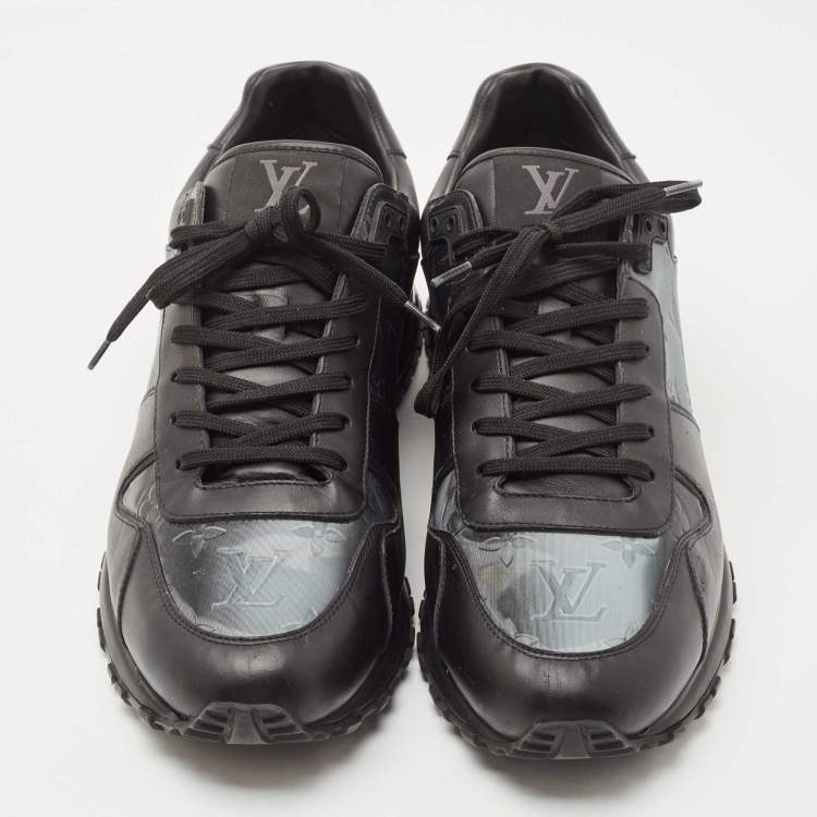 Pre Owned Louis Vuitton Black Leather and Monogram Embossed Iridescent PVC Run Away Sneakers Size 44