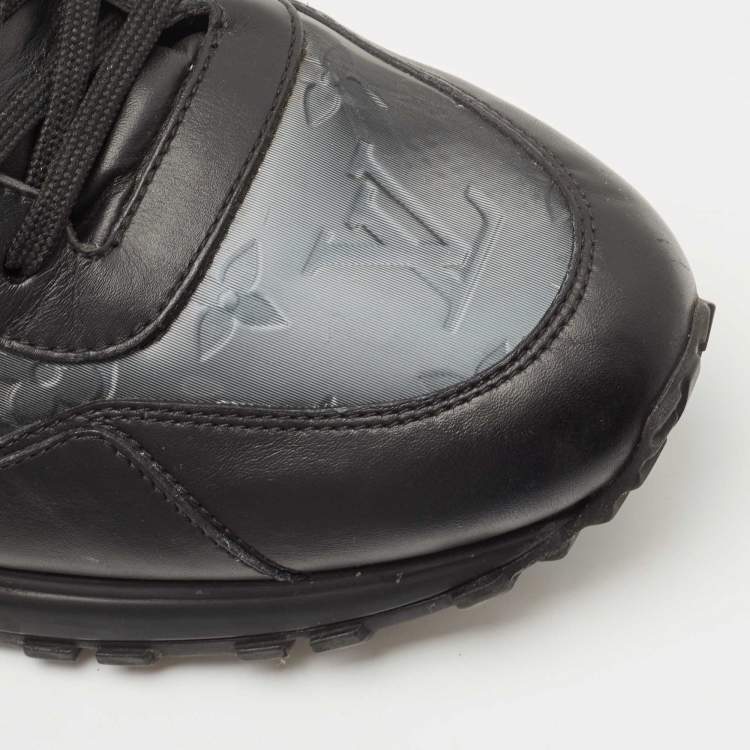Pre Owned Louis Vuitton Black Leather and Monogram Embossed Iridescent PVC Run Away Sneakers Size 44
