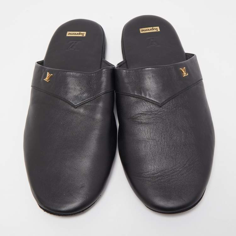 Pre Owned Louis Vuitton x Supreme Black Leather Hugh Mule Flats Size 42