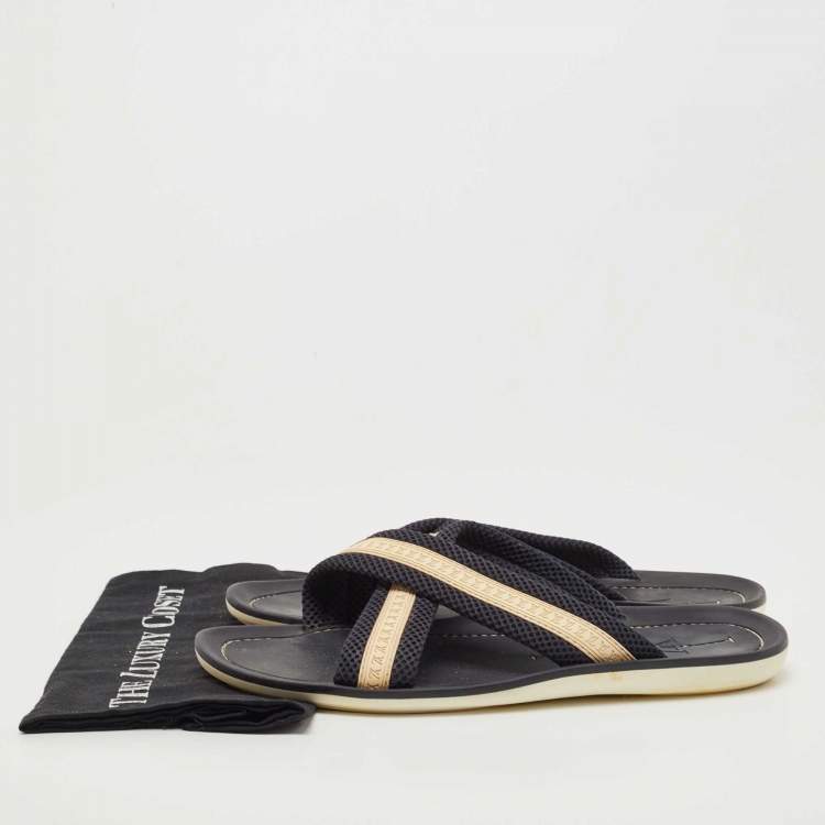 Pre Owned  Louis Vuitton Navy Blue Leather and Canvas Crisscross Slide Flats Size 44.5