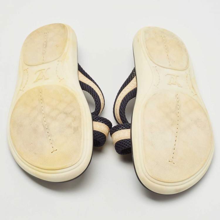 Pre Owned  Louis Vuitton Navy Blue Leather and Canvas Crisscross Slide Flats Size 44.5