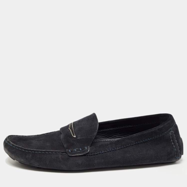 Pre Owned Louis Vuitton Dark Blue Damier Infini Suede Loafers Size 44