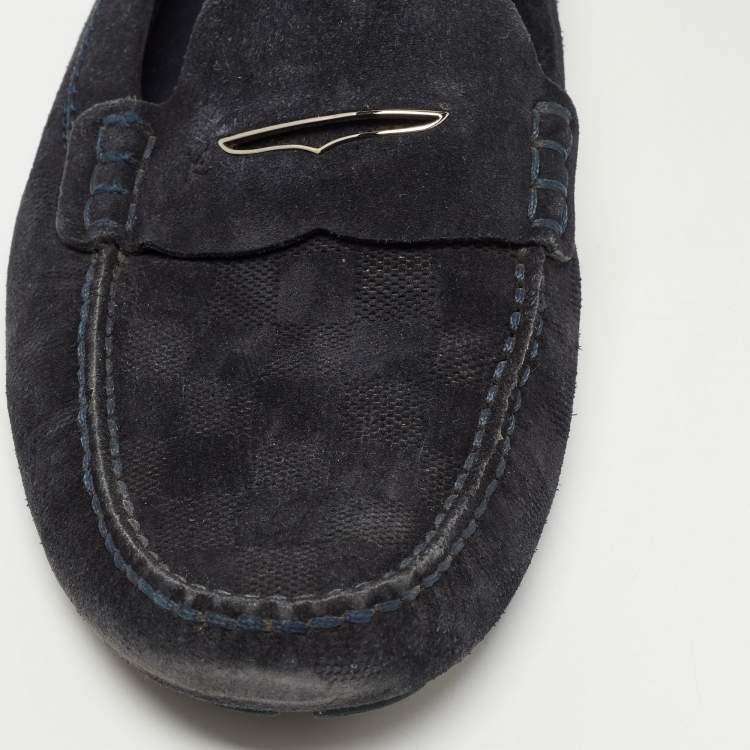 Pre Owned Louis Vuitton Dark Blue Damier Infini Suede Loafers Size 44