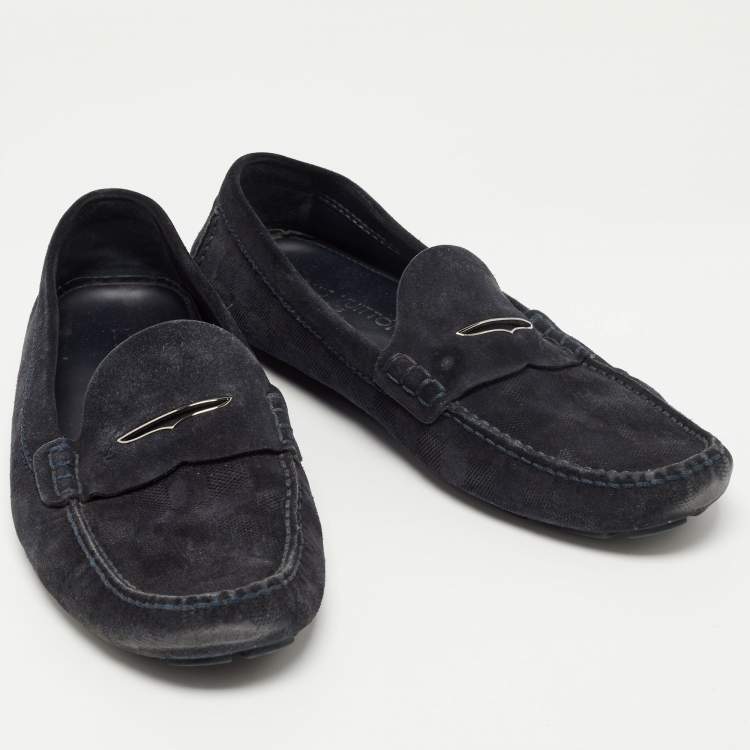 Pre Owned Louis Vuitton Dark Blue Damier Infini Suede Loafers Size 44