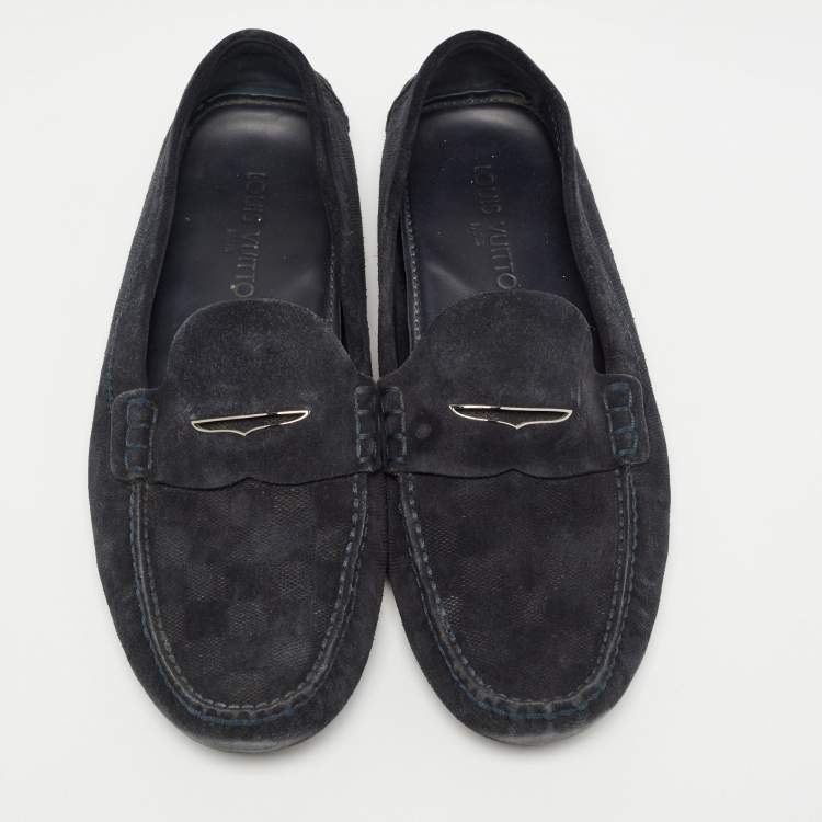Pre Owned Louis Vuitton Dark Blue Damier Infini Suede Loafers Size 44
