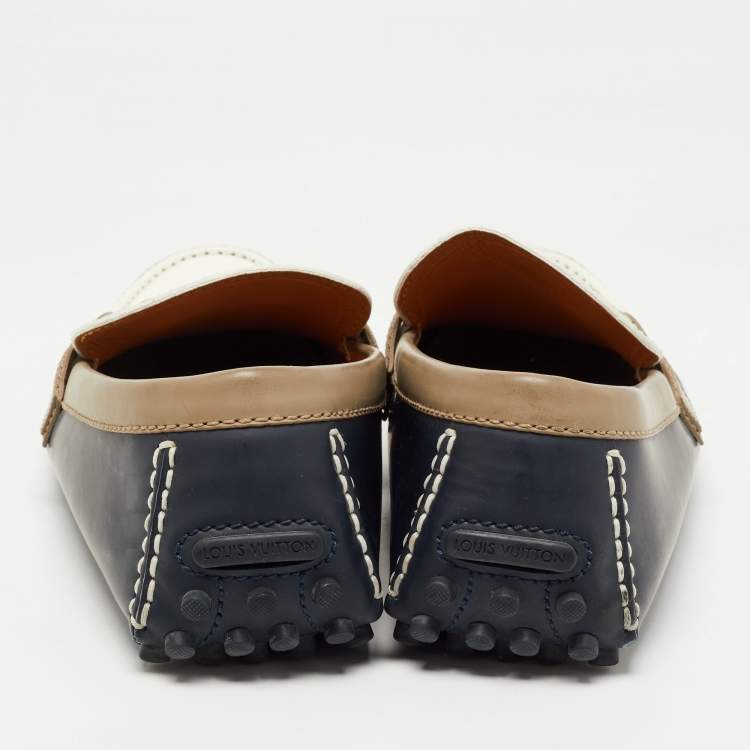 Pre Owned Louis Vuitton Blue/White Leather Hockenheim Slip On Loafers Size 43
