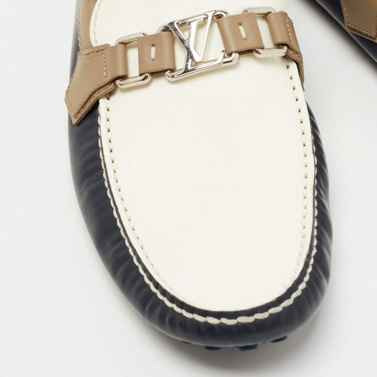 Pre Owned Louis Vuitton Blue/White Leather Hockenheim Slip On Loafers Size 43