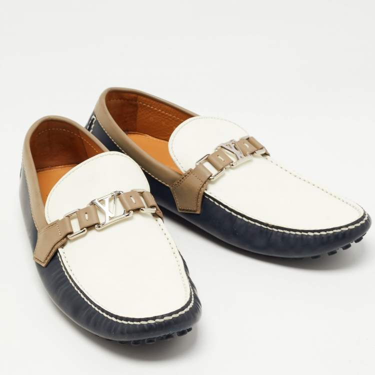 Pre Owned Louis Vuitton Blue/White Leather Hockenheim Slip On Loafers Size 43
