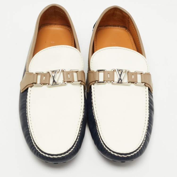 Pre Owned Louis Vuitton Blue/White Leather Hockenheim Slip On Loafers Size 43