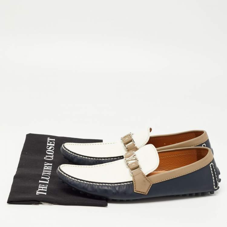 Pre Owned Louis Vuitton Blue/White Leather Hockenheim Slip On Loafers Size 43