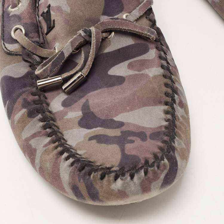Pre Owned Louis Vuitton Grey Camouflage Print Nubuck Leather Arizona Loafers Size 43