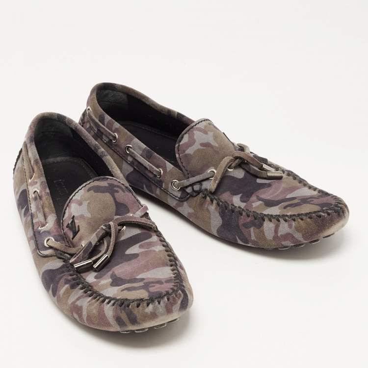 Pre Owned Louis Vuitton Grey Camouflage Print Nubuck Leather Arizona Loafers Size 43