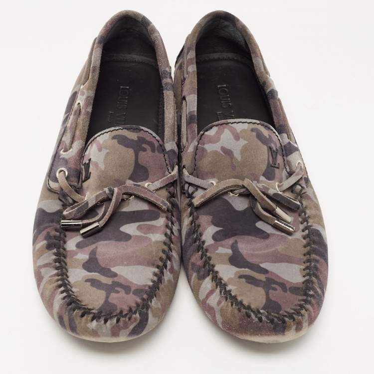 Pre Owned Louis Vuitton Grey Camouflage Print Nubuck Leather Arizona Loafers Size 43