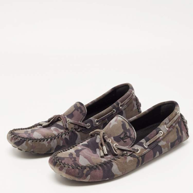 Pre Owned Louis Vuitton Grey Camouflage Print Nubuck Leather Arizona Loafers Size 43