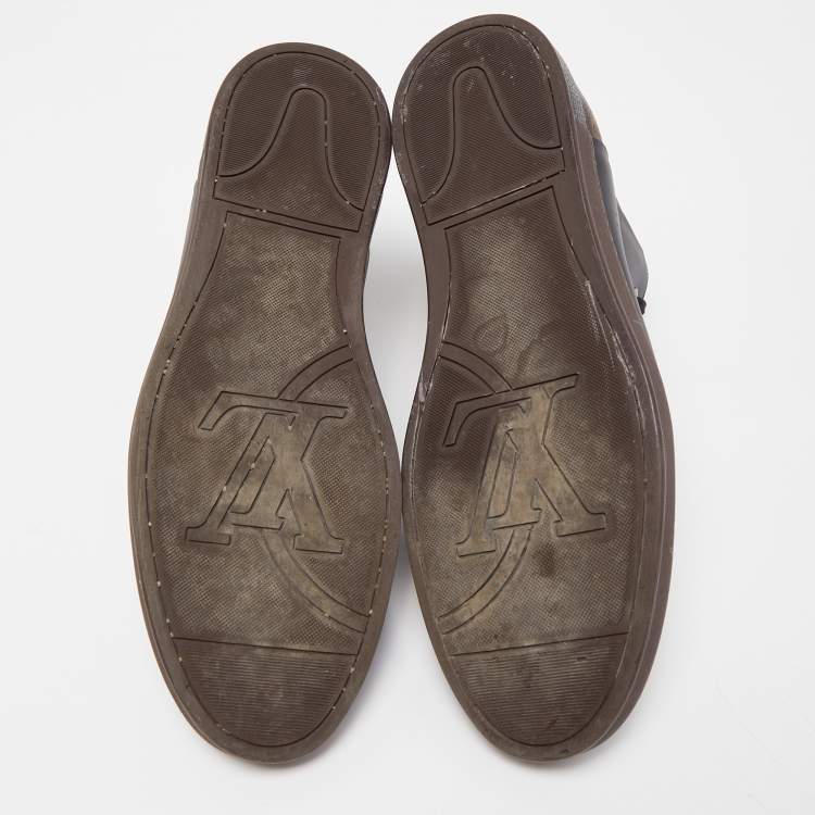 Pre Owned Louis Vuitton Black/Brown Leather and Monogram Canvas Line Up High Top Sneakers Size 45